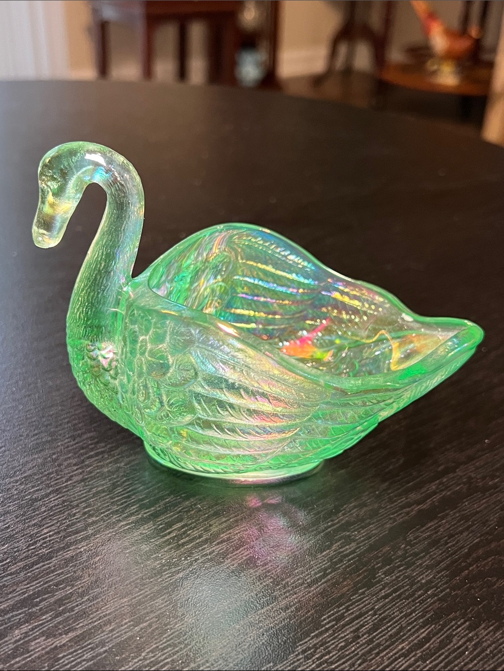 GLOWS! Imperial Glass Seafoam Green Iridescent Carnival Glass Swan Dish Figurine